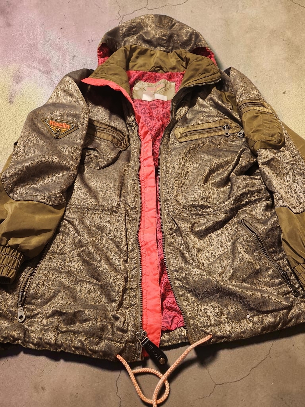 Keelin Women's Metallic Olive Utility Jacket with Pink Lining